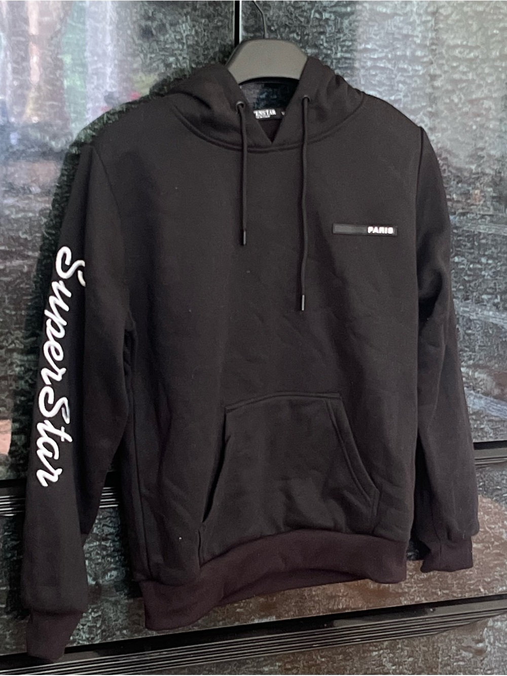 2/30$NWOT 5evenstar Black ‘Paris' Cotton Blend Pullover Hoodie ‘SuperStar' Sleev